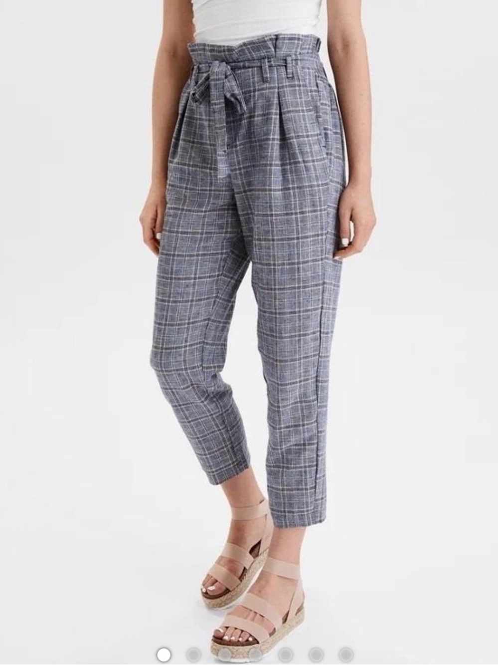 American Eagle High Waist Paperbag Plaid Pants - Navy, Pink, and White
